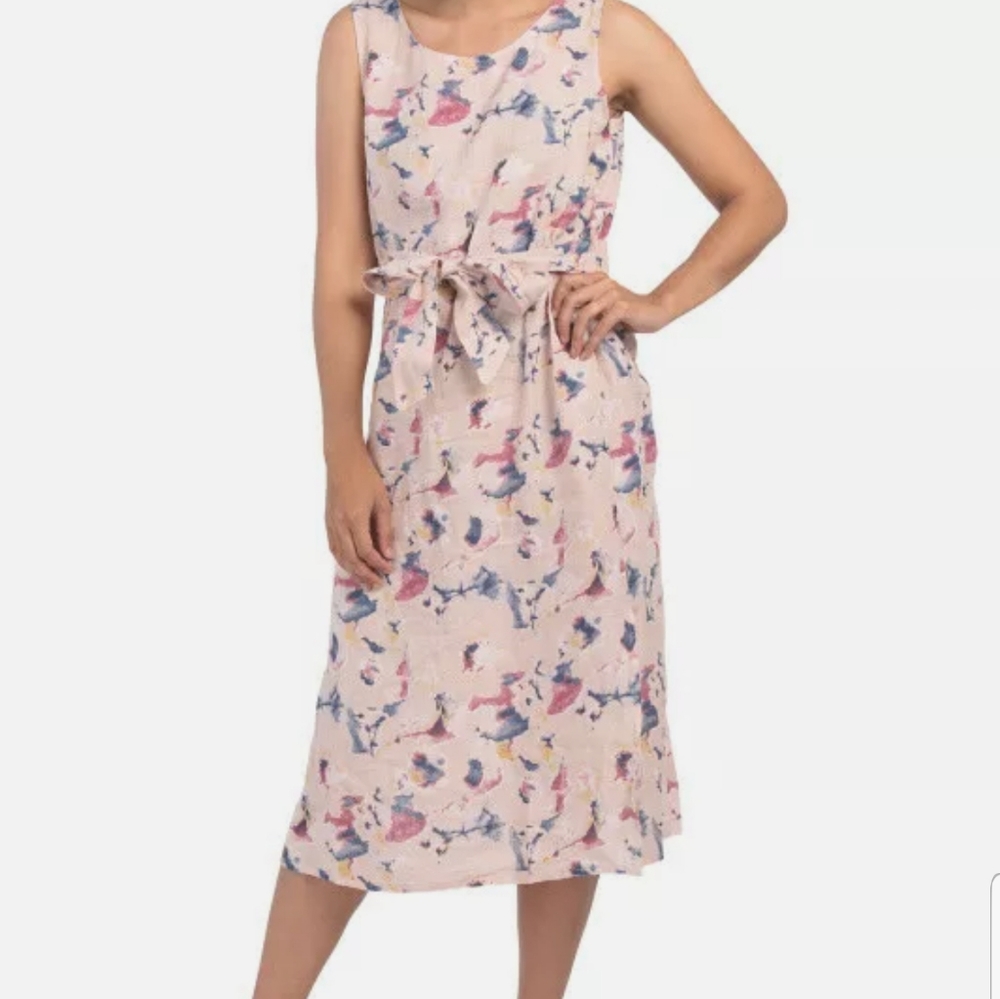 BELLA AMBRA Made In Italy Linen Floral Smocked Back Tie Wait Midi Dress Small S